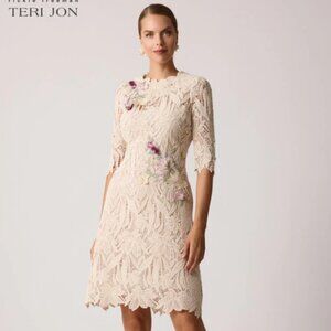 Teri Jon Flower Applique Lace Dress, Originally $570, Size 6, Tags On!